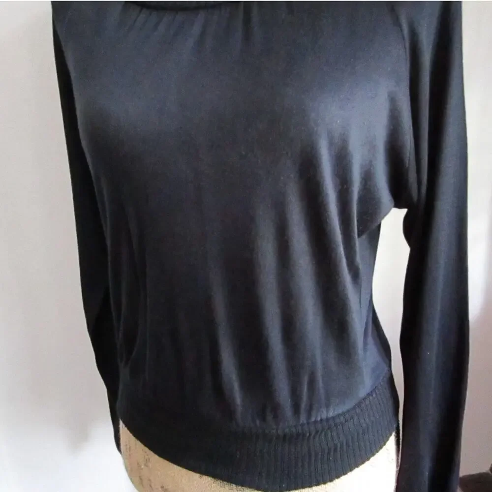 70s Vintage Black Boatneck Sweater Size M Buttons Long Sleeve Minimalist Goth